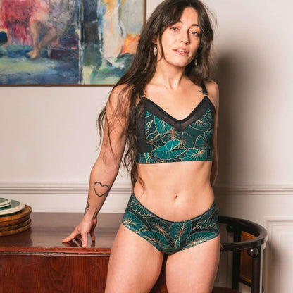 Eco-friendly Jungle Green Leaf Print Hipster Panty in soft organic cotton