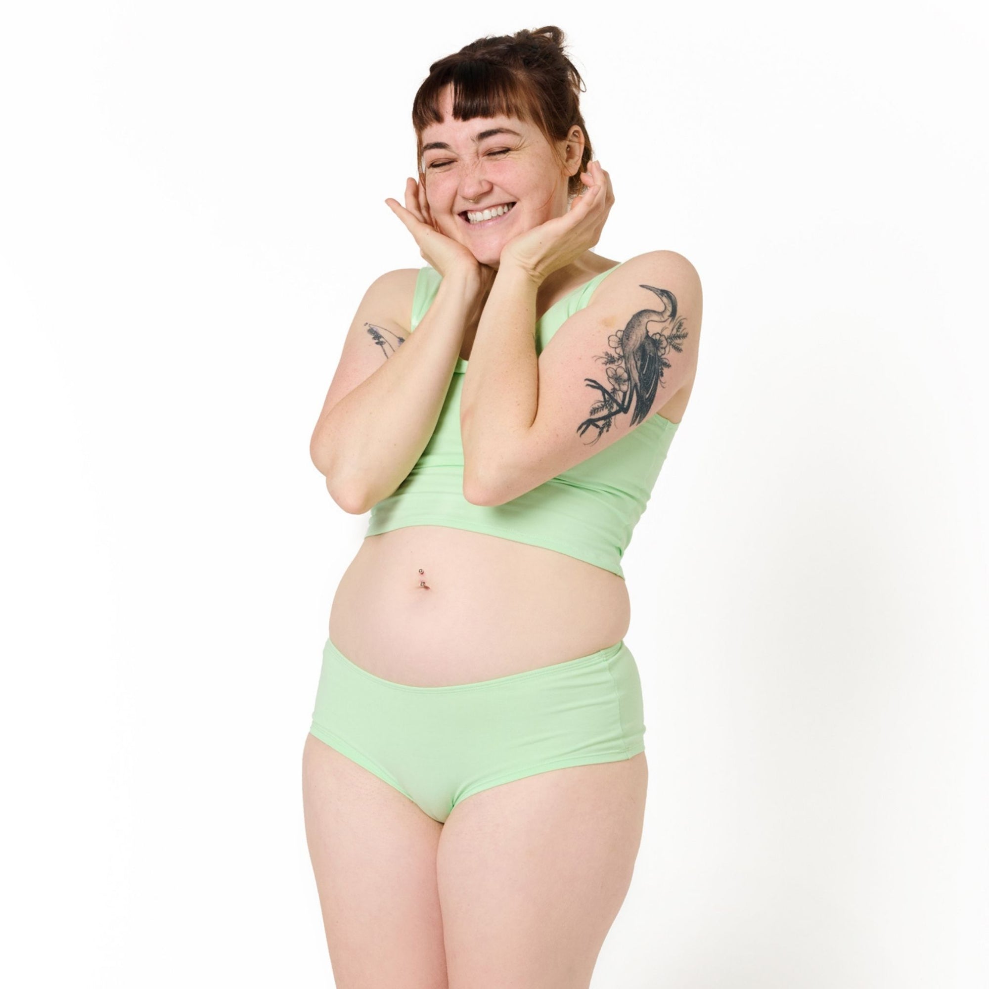 Eco-friendly Melon Green Hipster Panty in soft organic cotton modeled