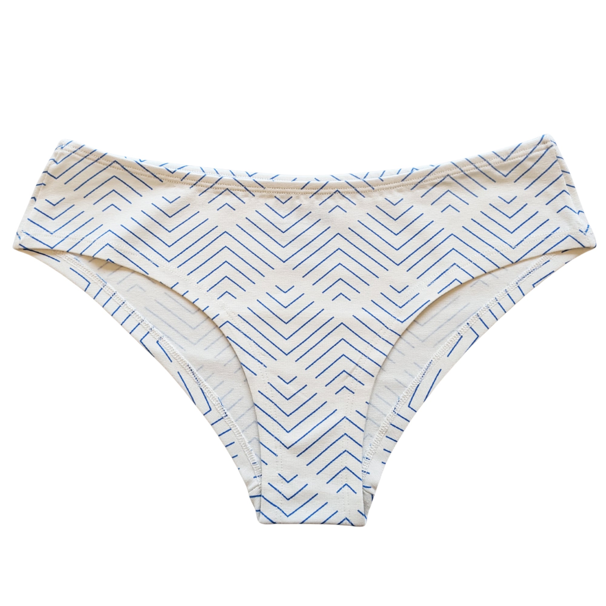 Pair of women's underwear with blue zigzag pattern on a white background