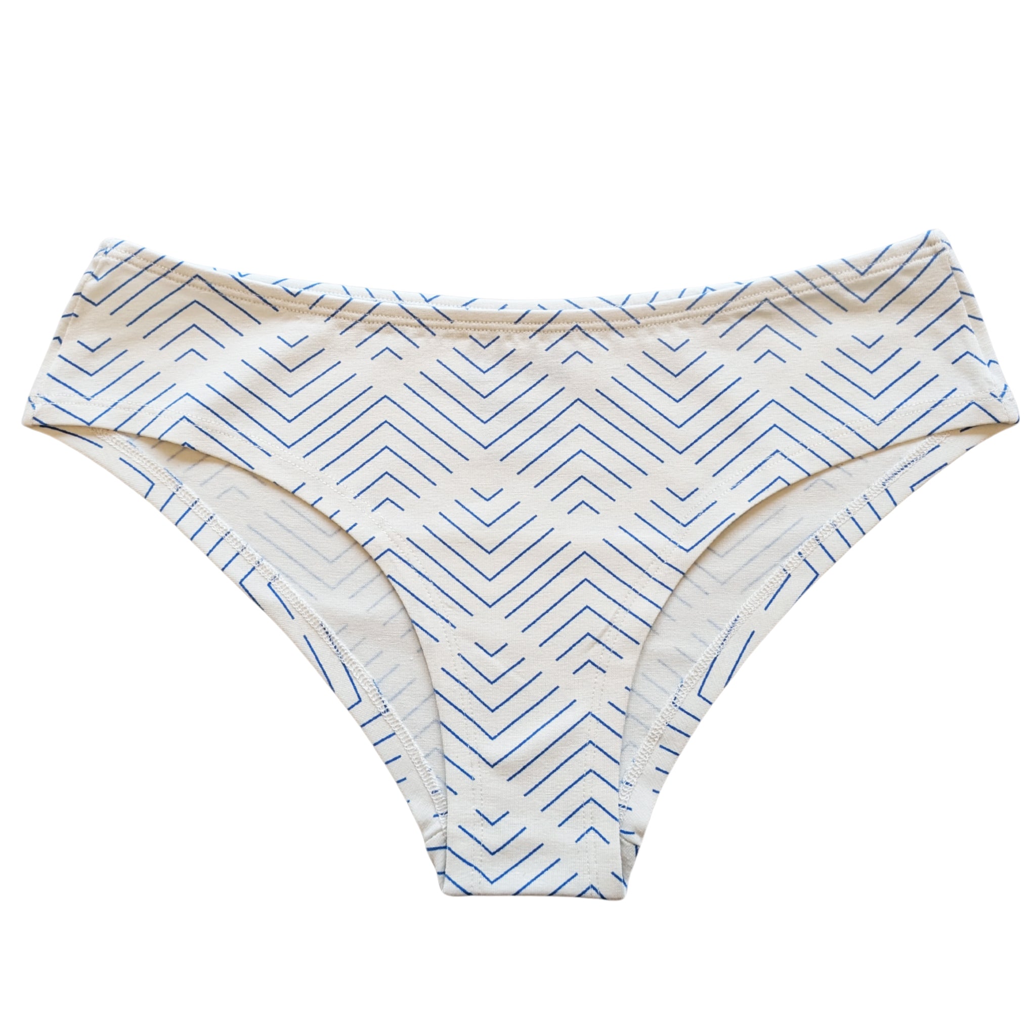 Pair of women's underwear with blue zigzag pattern on a white background