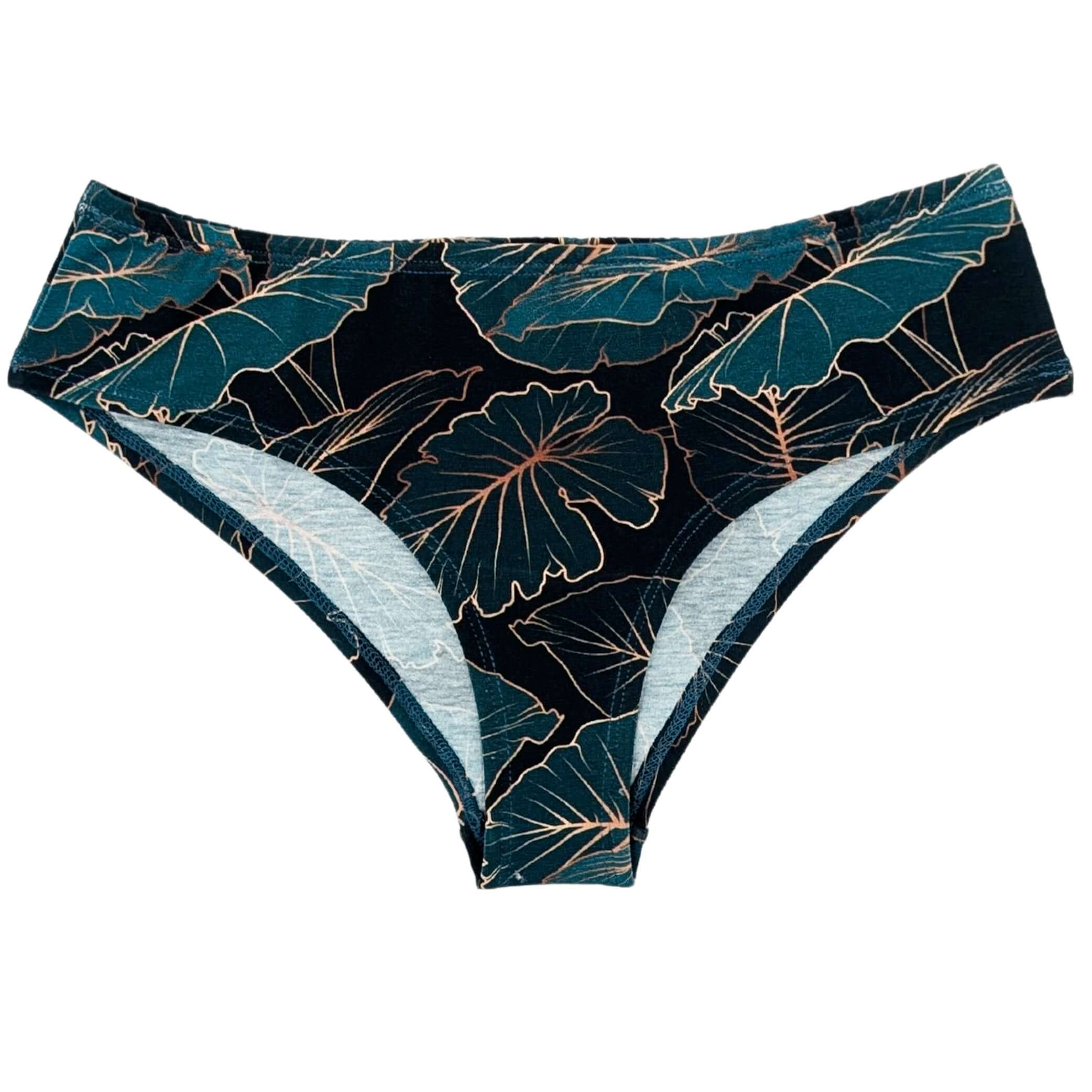 Sustainable Jungle Green Leaf Print Cheeky Panty in soft organic cotton